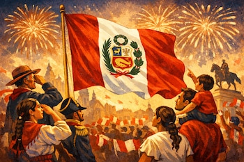 Bandera de Perú con escudo ondeando, fuegos artificiales en el cielo, personas de frente y de espaldas mirando, edificios y estatua ecuestre.