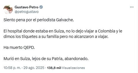 Petro sobre muerte del periodista Fredy Calvache - crédito @petrogustavo/X