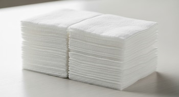 Dos montones apilados de toallitas húmedas blancas, dobladas y sin texto, con una textura suave, sobre una superficie clara y lisa.