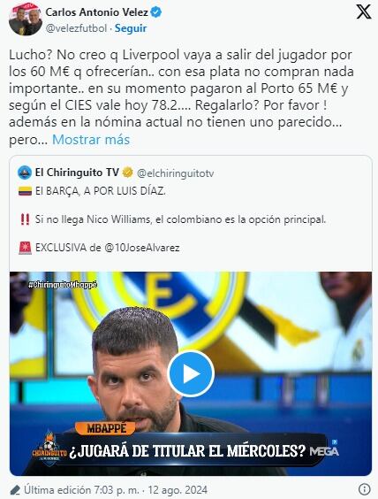 El periodista esta en desacuerdo con el precio en el que el Barcelona compraría a Luis Díaz - crédito @velezfutbol/X