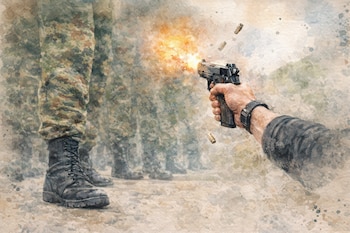 Un brazo de civil sostiene una pistola que dispara con fogonazo, con las piernas de soldados en uniforme camuflado visibles en el fondo - crédito