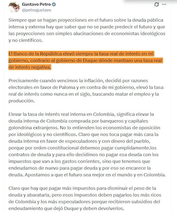 Petro comparó la gestión del Banco de la República bajo su mandato con la administración de Iván Duque, asegurando que el Emisor favoreció al gobierno anterior con tasas de interés bajas - crédito @petrogustavo/X