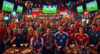 Multitud de personas sonriendo y vitoreando en un bar, con pantallas mostrando fútbol, banderas de países, bebidas y comida en las mesas.