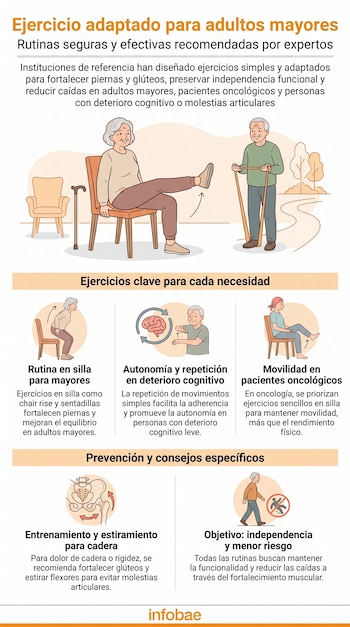 Infografía con ilustraciones de adultos mayores realizando ejercicios en silla y con banda elástica, además de gráficos sobre cadera y prohibición de caídas.