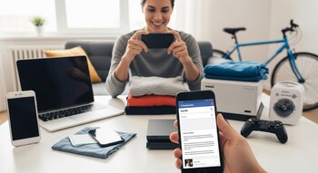 Mujer toma fotografía con smartphone de pila de ropa doblada. En la mesa, dos smartphones, laptop, consola, mando, electrodoméstico pequeño. Al fondo, bicicleta y sofá.