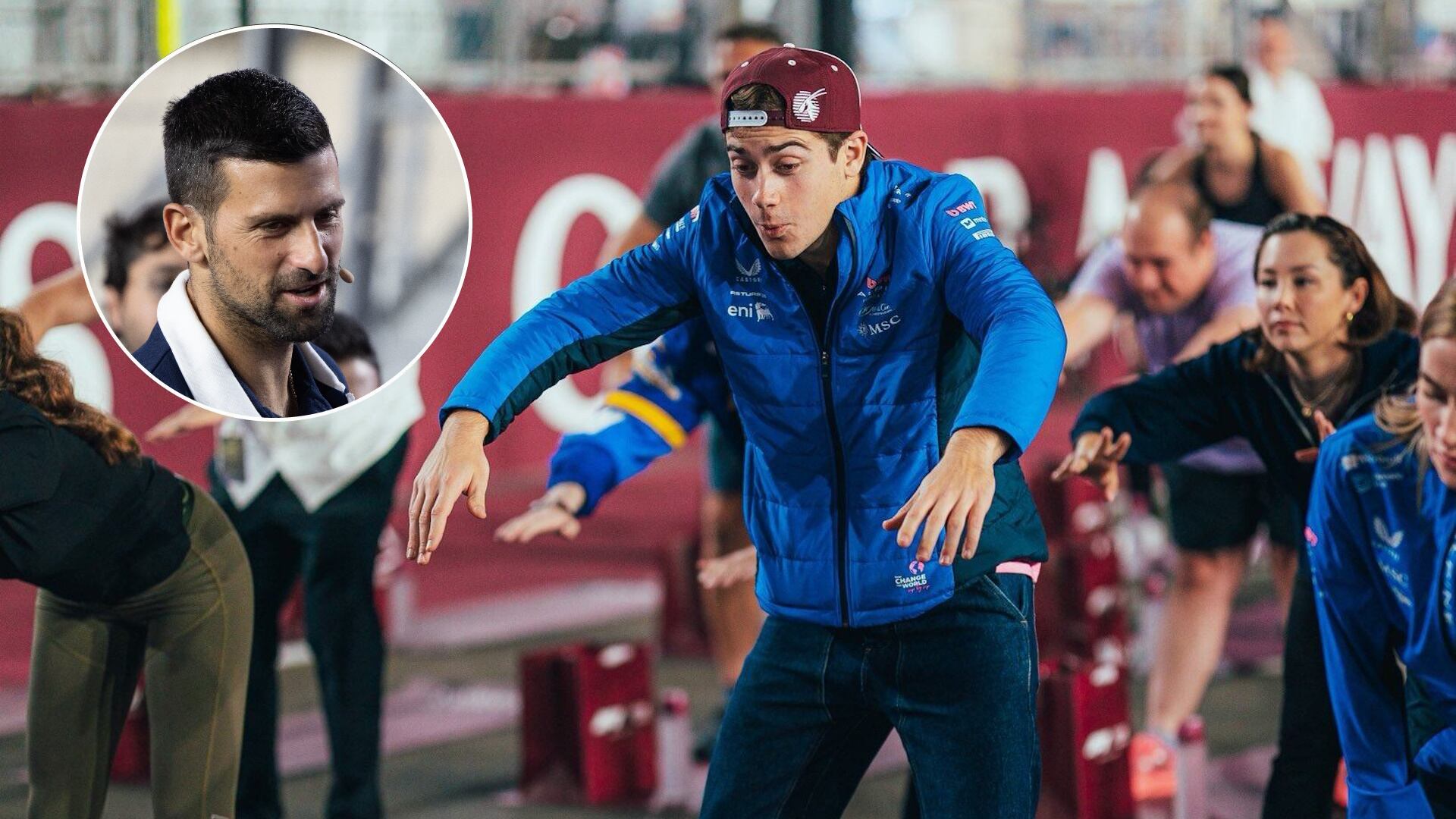 “Yogapinto”: furor por la clase de yoga que Djokovic le dio a Colapinto en la previa del GP de Qatar de Fórmula 1