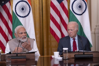 El Primer Ministro Narendra Modi de la República de la India, izquierda, hace comentarios durante una reunión con el Presidente de los Estados Unidos, Joe Biden. Europa Press/Contacto/Chris Kleponis - Pool vía CN