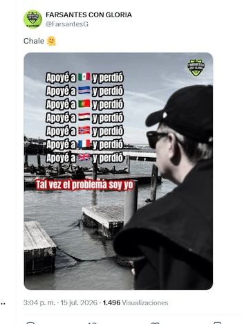 Hombre de espaldas en un muelle mirando el agua. Texto: 'Apoyé a' con siete banderas de países y 'y perdió'. Abajo dice 'Tal vez el problema soy yo'