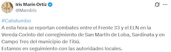 La defensora del pueblo, Iris Marín Ortiz, reportó enfrentamientos entre el ELN y el Frente 33 de las disidencias de las Farc en Sardinata y Tibú. - Crédito @MarnIris/X