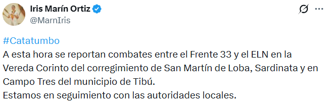 La defensora del pueblo, Iris Marín Ortiz, reportó enfrentamientos entre el ELN y el Frente 33 de las disidencias de las Farc en Sardinata y Tibú. - Crédito @MarnIris/X