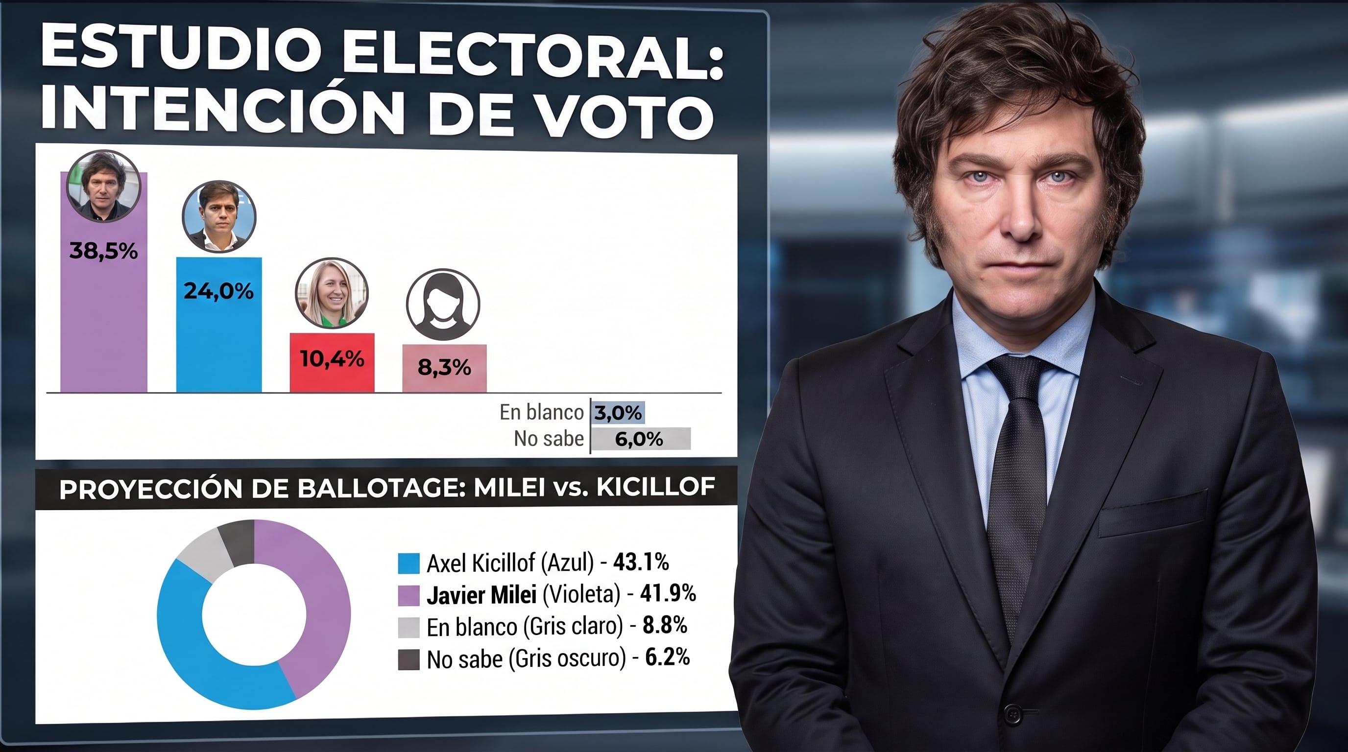 Un estudio electoral en Argentina sitúa a Javier Milei al frente en intención de voto con el 38,5 % y muestra una proyección de ballotage ajustada frente a Axel Kicillof. (Imagen Ilustrativa Infobae)