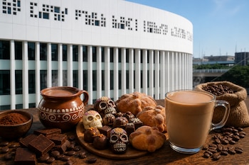 Mesa con pan de muerto, calaveras de chocolate, una taza de barro, un vaso con café con leche y granos de café frente a un edificio blanco.