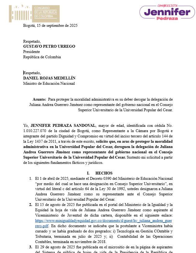 Carta en que Jennifer Pedraza pide retirar a Juliana Guerrero de la UPC - crédito @JenniferPedraz