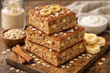 Pila de tres bizcochos cuadrados de avena, plátano y canela sobre tabla de madera. Rodajas de plátano, avena y palitos de canela visibles, con yogur al fondo.