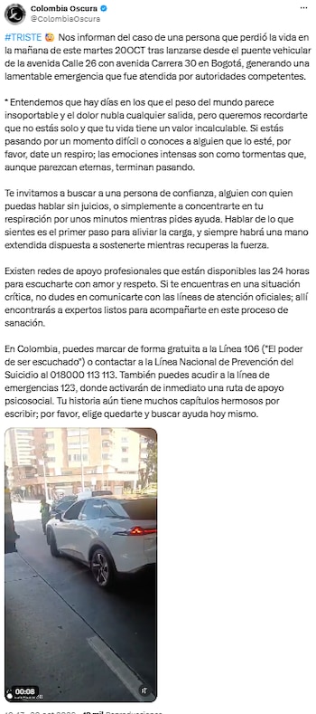 Investigan muerte de una persona en la calle 26 con carrera 30 en Bogotá - crédito @ColombiaOscura/X