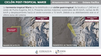 Infografía meteorológica con un mapa satelital del ciclón Marie y una gráfica de su trayectoria pronosticada en el Océano Pacífico.