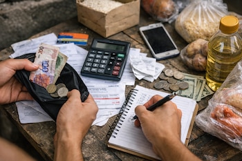 Manos sostienen una billetera con billetes de pesos argentinos y monedas sobre una mesa con una calculadora, facturas, billetes, celular y alimentos.