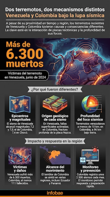 Infografía sobre terremotos en Venezuela y Colombia con mapas sísmicos, diagramas de placas tectónicas, globo terráqueo, edificios derrumbados, víctimas y monitor de sismos, fuente Infobae.