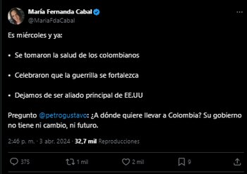María Fernanda Cabal dijo que Gobierno Petro no tiene futuro - crédito @MariaFdaCabal /X