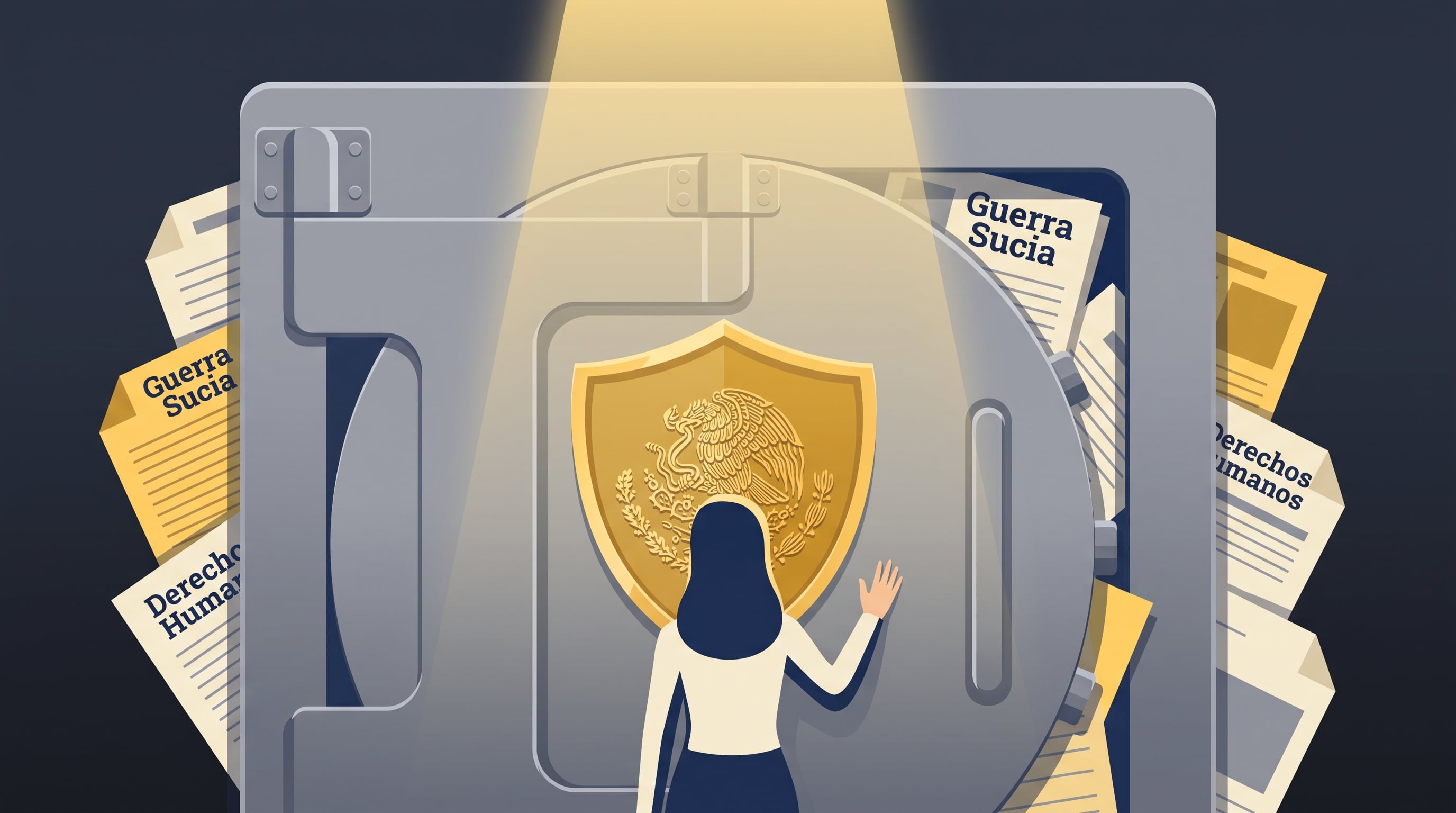 Una figura femenina extiende la mano hacia la caja fuerte de la Secretaría de la Defensa Nacional, la cual resguarda documentos de la Guerra Sucia y derechos humanos, en la búsqueda de la verdad. (Imagen Ilustrativa Infobae)