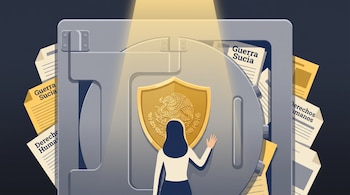 Caja fuerte cerrada, escudo mexicano dorado, figura femenina de espaldas, documentos con texto Guerra Sucia y Derechos Humanos, haz de luz.