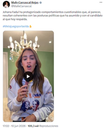 Mafe Carrascal cuestionó el respaldo de Johana Fadul a la derecha política - crédito @MafeCarrascal/X