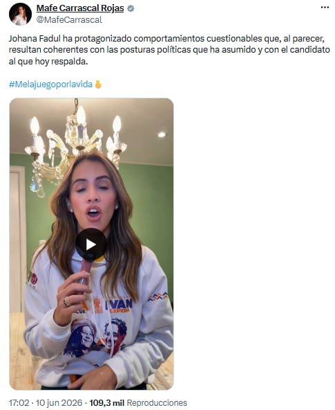 Mafe Carrascal cuestionó el respaldo de Johana Fadul a la derecha política - crédito @MafeCarrascal/X