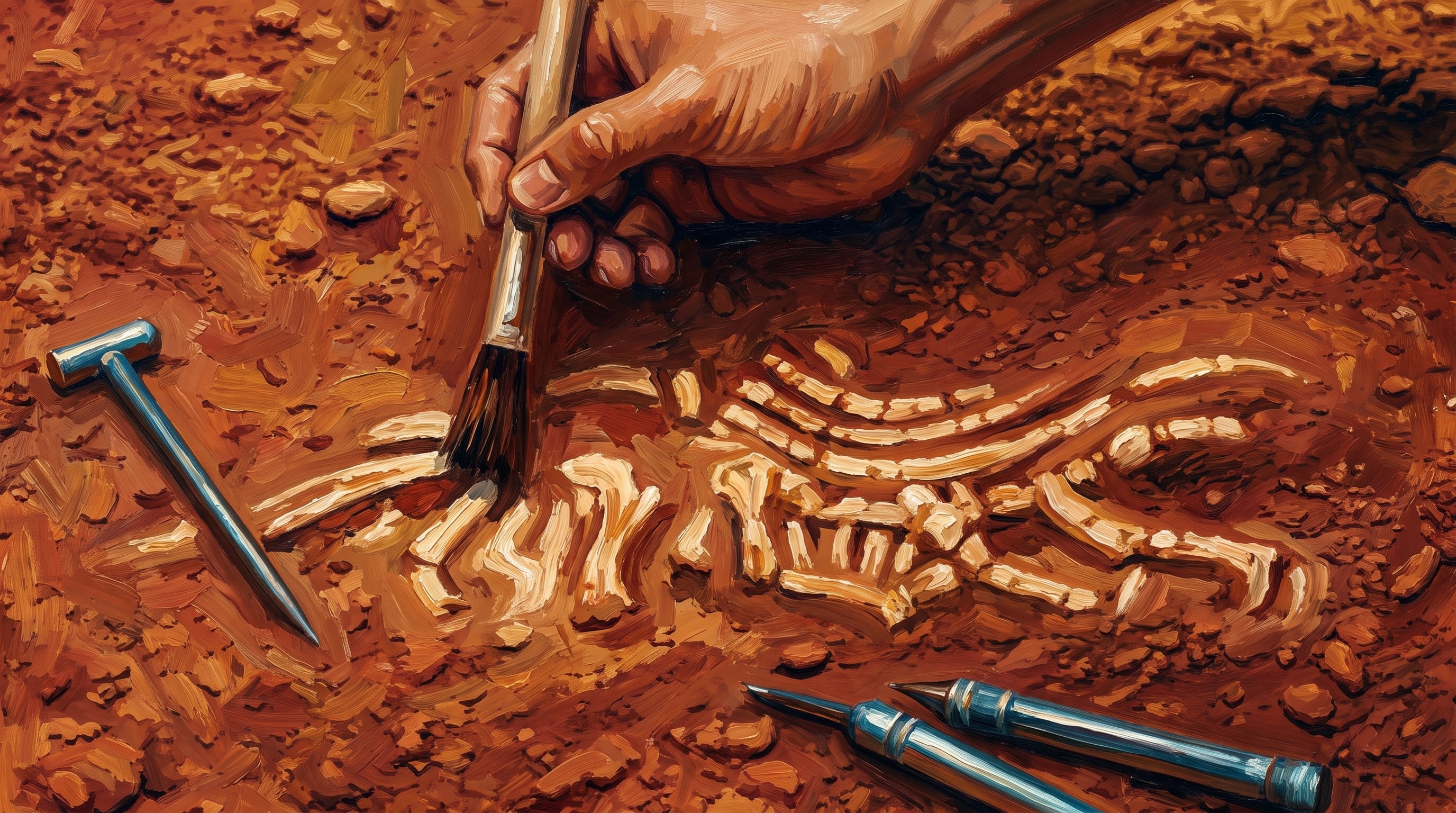 Un arqueólogo limpia con un cepillo los restos óseos de un esqueleto en un sitio de excavación de tierra rojiza, con herramientas de trabajo a su alrededor (Imagen Ilustrativa Infobae)