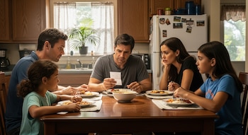 Familia de cinco personas sentada a la mesa para cenar. El padre sostiene un papel mientras todos, adultos y niños, tienen expresiones serias y preocupadas.