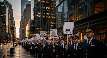 Porteros uniformados marchan por una calle de Nueva York con pancartas. Rascacielos iluminados y el asfalto mojado son visibles al fondo.