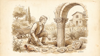 Un hombre arrodillado con una pala de jardín junto a una columna, un arco, fragmentos de cerámica, monedas y piezas de mosaico. Detrás, un jardín y una casa.