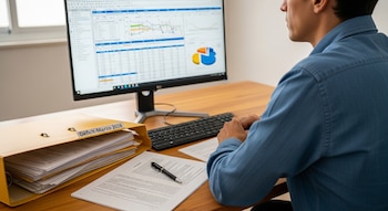 Hombre de camisa azul revisando gráficos financieros en un monitor de computadora, con una carpeta amarilla 'Déficit-Marzo 2026' y documentos en un escritorio de madera.