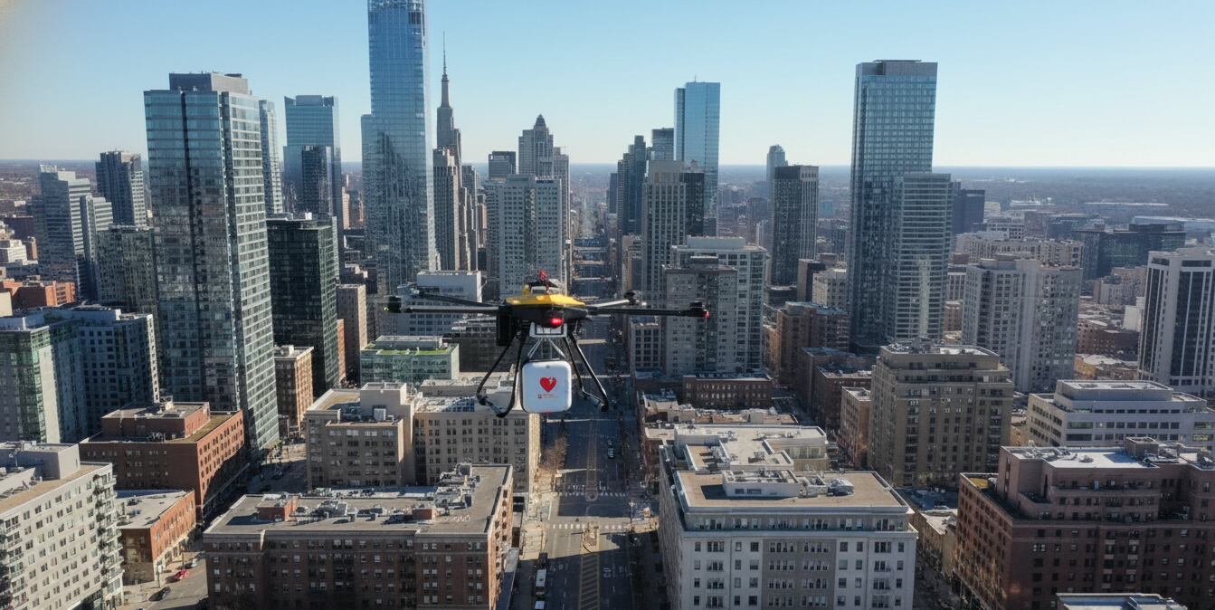 Al recibir la alerta, el dron traza su ruta desde la base, vuela hacia el punto de emergencia y, sin interferencias, desciende para entregar el dispositivo, proporcionando asistencia en tiempo récord donde más se requiere (Imagen Ilustrativa Infobae)