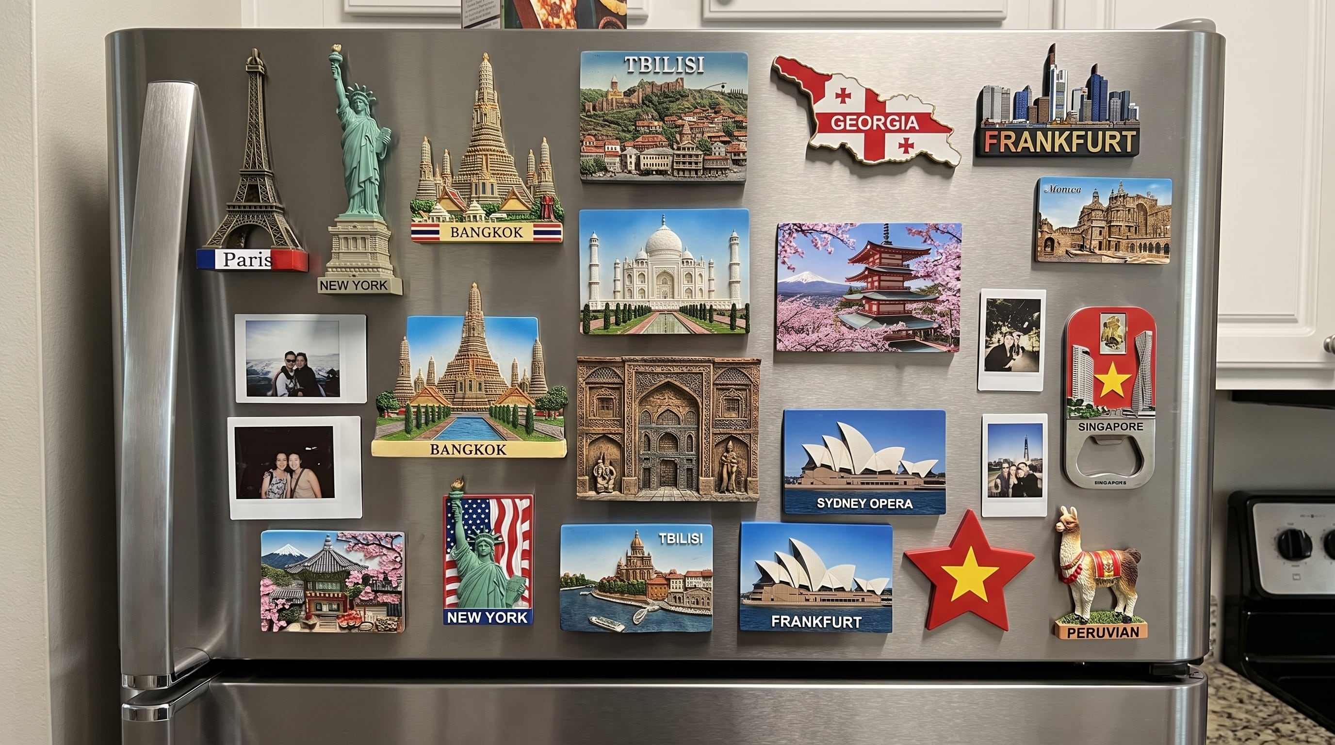 Un refrigerador metálico exhibe una colección de imanes con monumentos internacionales y fotografías instantáneas de viajes. (Imagen Ilustrativa Infobae)