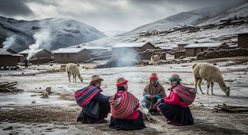 Cuatro personas con vestimenta andina se calientan junto a una fogata en un pueblo nevado de la sierra de Perú, con llamas, casas y montañas cubiertas de nieve visibles.