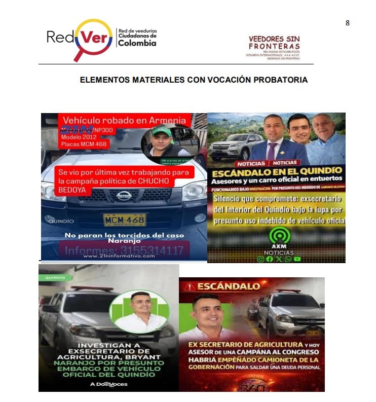 Elementos materiales con vocación probatoria contra Bryan Naranjo - crédito Red de Veedurías Ciudadanas