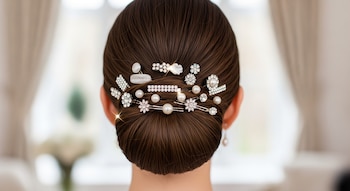 Parte trasera de una cabeza con cabello recogido en un rodete bajo. El peinado presenta múltiples ganchos decorativos con perlas y brillantes.