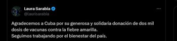Laura Sarabia confirmó la entrega de dos mil vacunas contra la fiebre amarilla por Cuba - crédito @laurisarabia/X