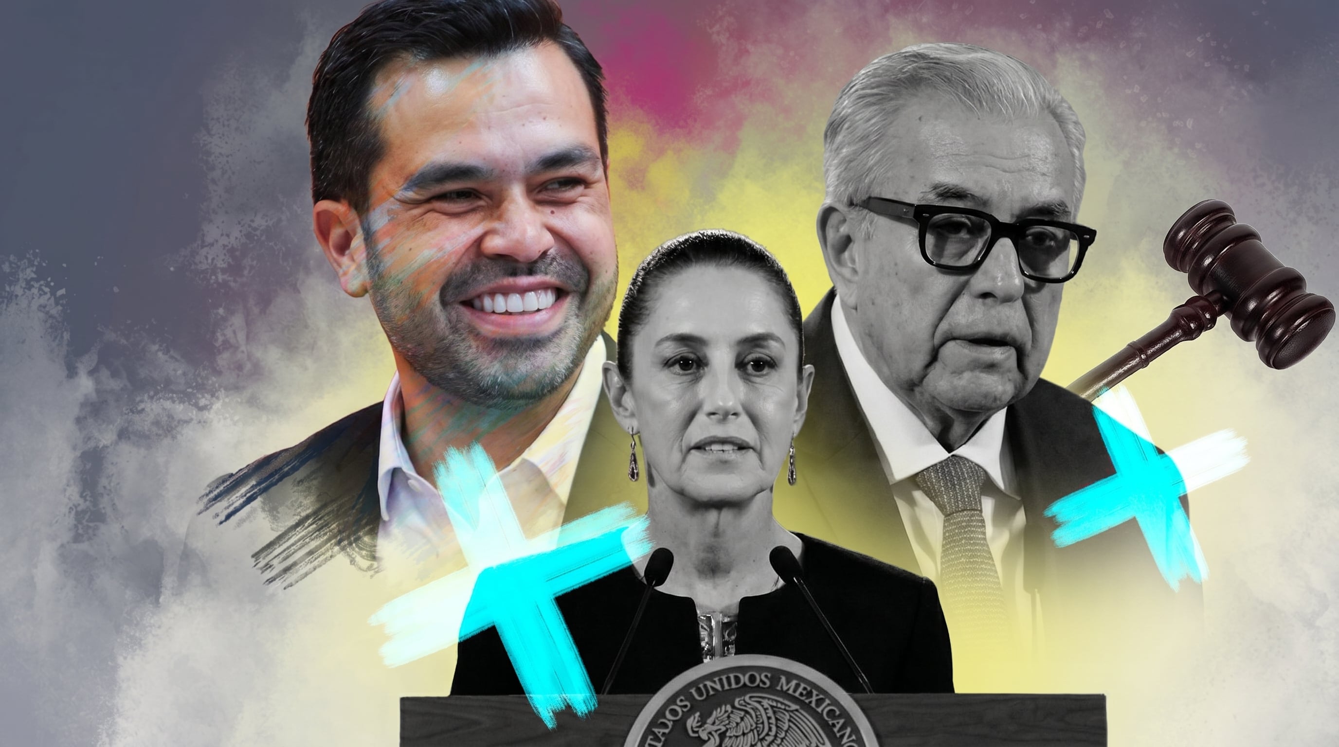Claudia Sheinbaum, Jorge Álvarez Máynez y Santiago Creel Miranda representados en un contexto que fusiona el liderazgo político con elementos de justicia. (Imagen Ilustrativa Infobae)