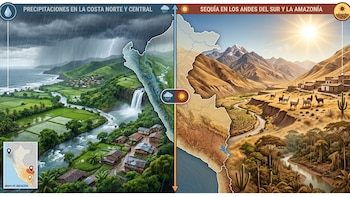Infografía con un mapa de Perú dividida entre un paisaje verde con lluvia y un paisaje seco y soleado con alpacas y montañas