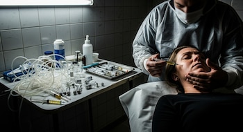 Una persona con bata y mascarilla inyecta la cara de una mujer recostada. En la mesa, jeringas con líquido amarillo, tubos, frascos y otros suministros médicos.