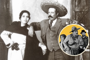 Fotografía en blanco y negro de Pancho Villa y una mujer con un recuadro circular de tres actores caracterizados sobre fondo amarillo.