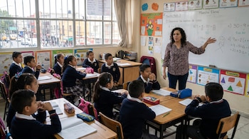Profesora de pie frente a pizarrón blanco con ecuaciones, enseñando a diez niños uniformados sentados en pupitres de madera en una primaria mexicana, con ventanas al fondo.
