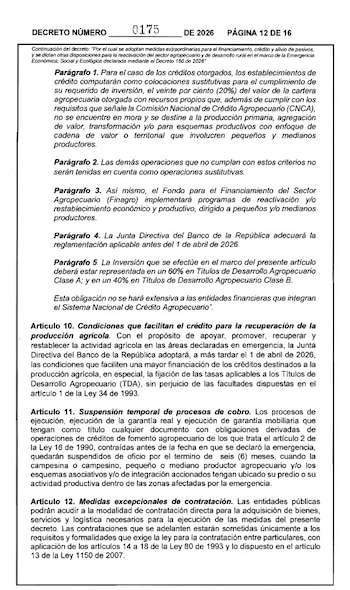 El artículo 12 del Decreto 175 establece medidas excepcionales para la contratación - crédito Presidencia