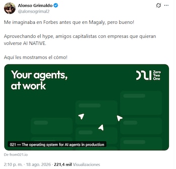 Publicación de Alonso Grimaldo en X con texto sobre Magaly Medina y promoción de IA. Se ve un recuadro de video con el título 'Your agents, at work' y el logo Zero Two One
