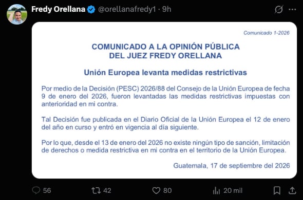 Fredy Orellana afirmó en redes sociales que la Unión Europea había levantado las sanciones en su contra, pero la delegación europea desmintió esa interpretación. (X (Twitter))