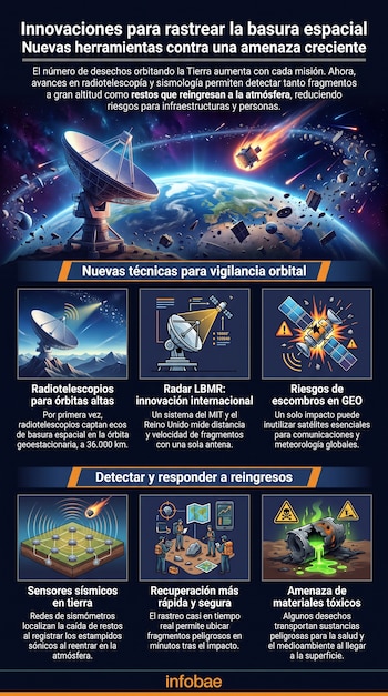 Infografía con radiotelescopio, Tierra y basura espacial. Muestra gráficos de radar, satélite dañado, sensores sísmicos, personas y barril tóxico.