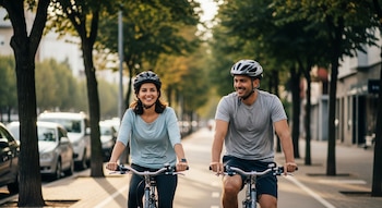 Una pareja sonriente con cascos anda en bicicleta por una bicisenda urbana. A la izquierda se ven árboles y autos estacionados; a la derecha, edificios bajos.