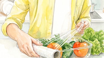 Ilustración de una persona con camisa amarilla cubriendo un recipiente con zanahorias, pepinos, tomates y hojas verdes con plástico film. A la derecha, lechuga.