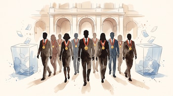 Ilustración en acuarela de personas en traje con medallas doradas caminando entre dos urnas transparentes con papeletas de papel.